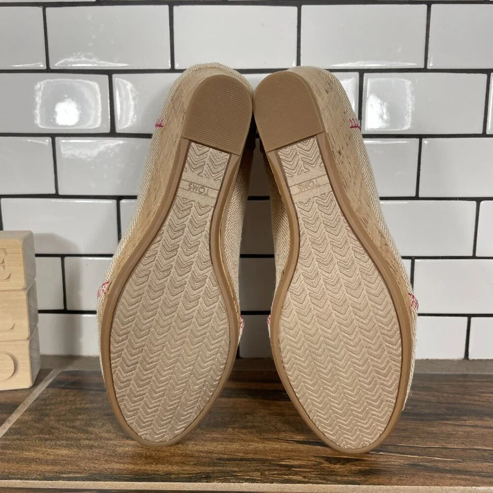Toms Stella Womens Size 9.5 Shoes Natural Burlap Embroidery Peep Toe Wedge Heel